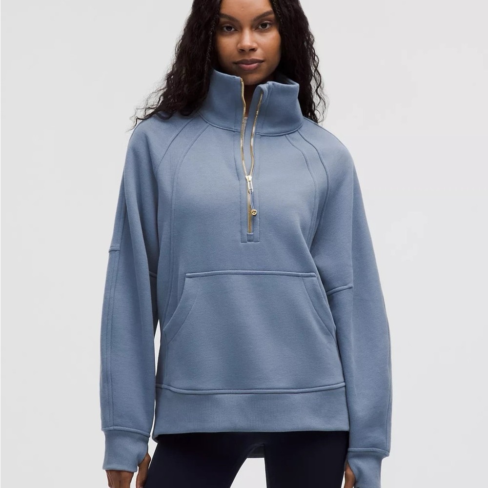 Lululemon Athletica Washed Denim Long Funnel Neck Scuba Half Zip